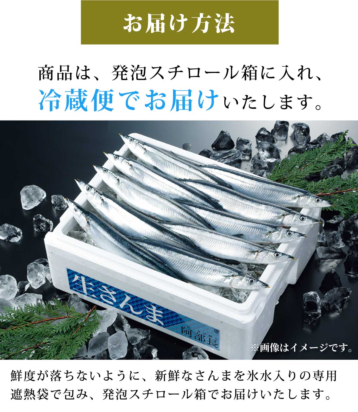 お届け方法　商品は、発泡スチロールの箱に入れ、冷蔵便でお届けいたします。鮮度が落ちないように新鮮なサンマを氷水入りの専用遮熱袋でつつみ、発泡スチロール箱でお届けしています。